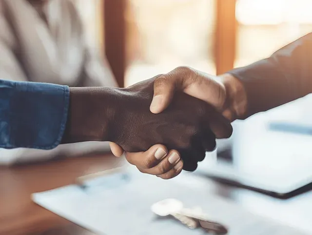 Deux personnes qui se serrent la main pour conclure une transaction immobilière