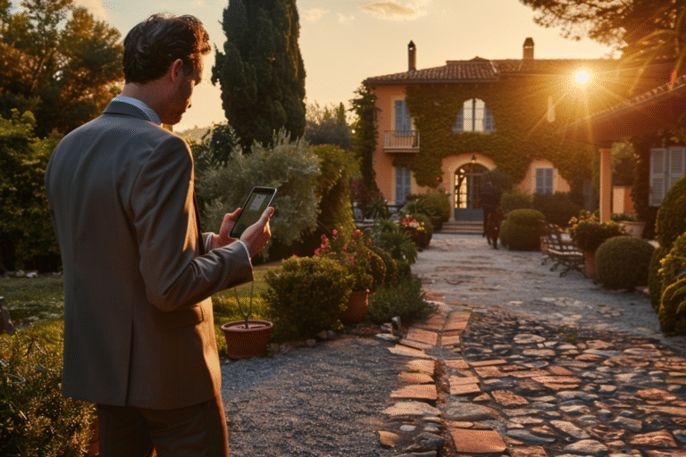 Homme en costume utilisant une tablette, jardin en arrière-plan.