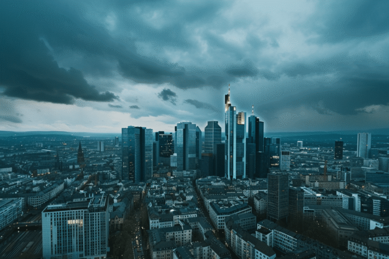 Vue aérienne de la skyline de Francfort sous un ciel nuageux.