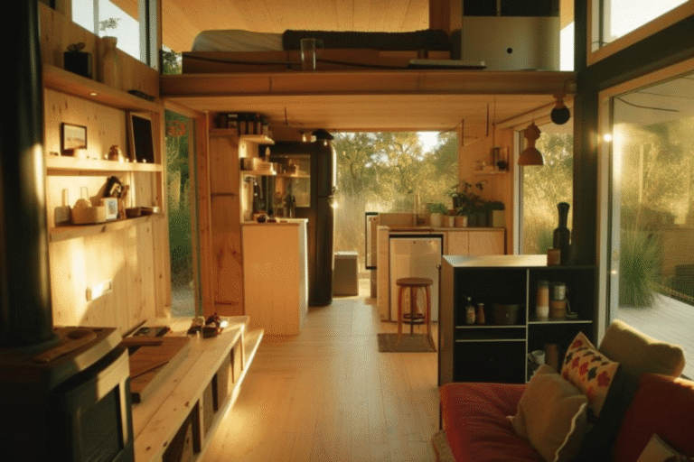Intérieur d'une tiny house avec cuisine et salon lumineux.