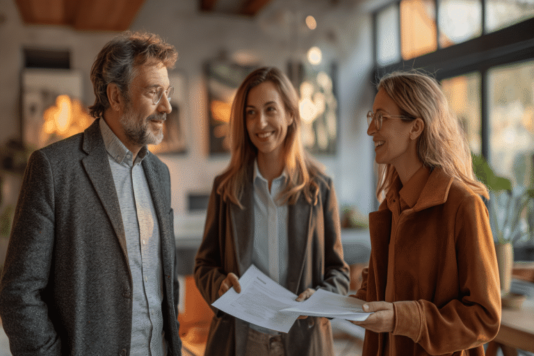 Trois personnes discutent en tenant des documents.