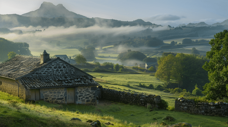 Paysage de collines verdoyantes avec un bâtiment en pierre.