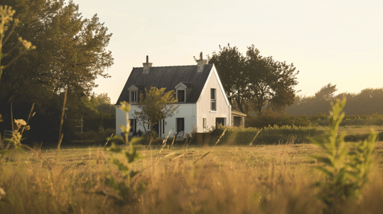 Maison blanche entourée de champs dorés au crépuscule.