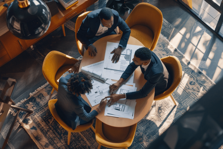 Trois professionnels discutent autour d'un plan architectural.