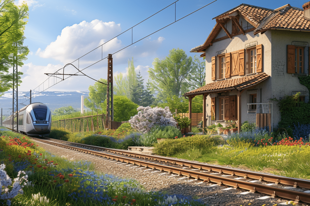 Train moderne passant près d'une maison pittoresque entourée de fleurs.