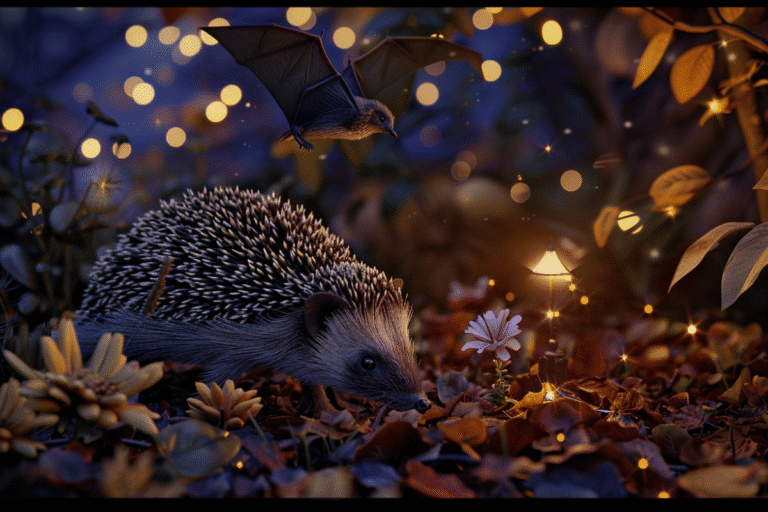 Hérisson dans un sous-bois illuminé, sur un lit de fleurs.