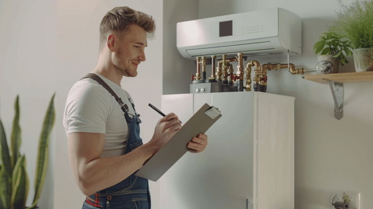 Technicien vérifiant une installation de climatisation.