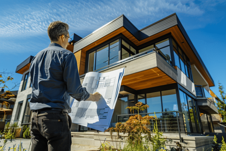 Architecte examinant des plans devant une maison moderne.