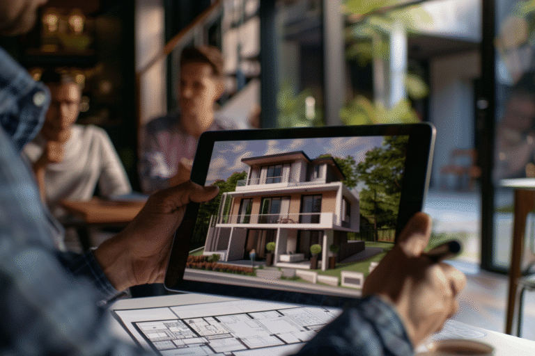 Modèle 3D d'une maison moderne sur une tablette.