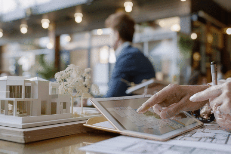 Maquette architecturale avec un intérieur sur une tablette.