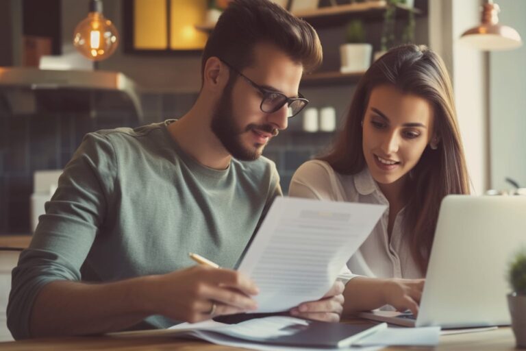 Jeune couple examinant des documents ensemble, ordinateur portable ouvert.