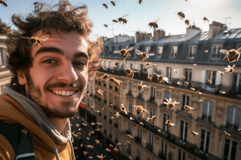 Jeune homme souriant entouré d'abeilles volantes.