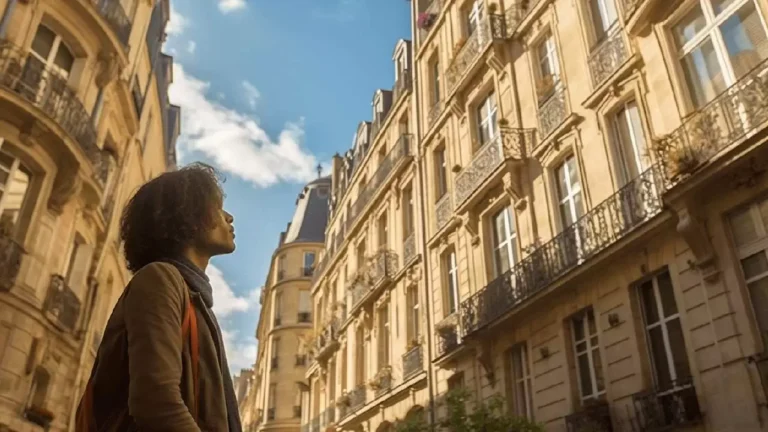 Homme contemplant des bâtiments parisiens sous un ciel bleu.
