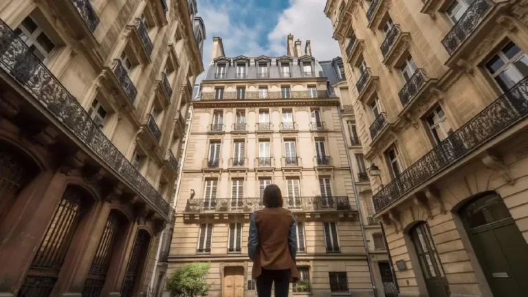 Femme contemplant des immeubles parisiens sous un ciel bleu.