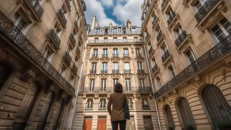 Personne regardant des façades d'immeubles parisiens.