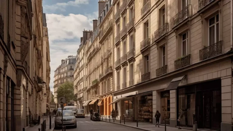 Rue parisienne avec bâtiments en pierre et boutiques.