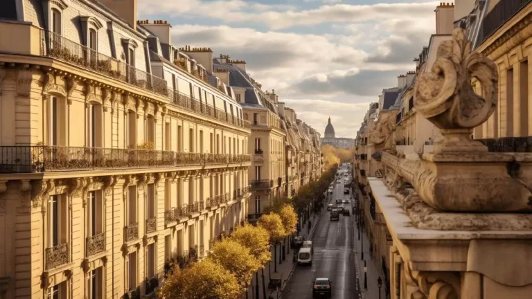Rue parisienne bordée d'immeubles haussmanniens et arbres.