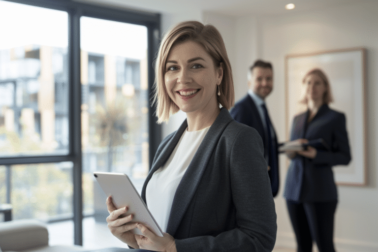 Femme souriante tenant une tablette, collègues en arrière-plan.