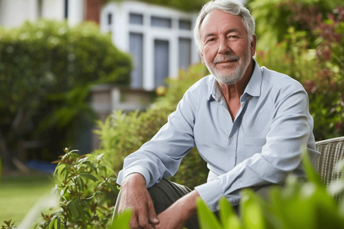 Homme souriant en chemise assis dans un jardin verdoyant.