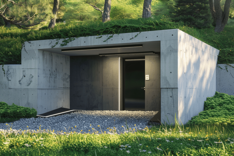 Entrée moderne en béton avec porte noire et éclairage.