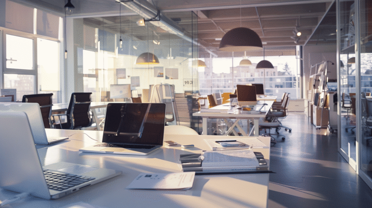 Bureau moderne avec ordinateurs et chaises confortables.