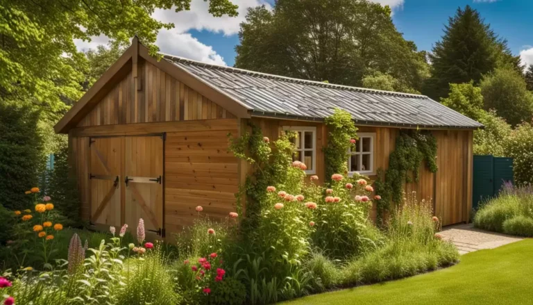 Cabane en bois entourée de fleurs colorées et verdure.