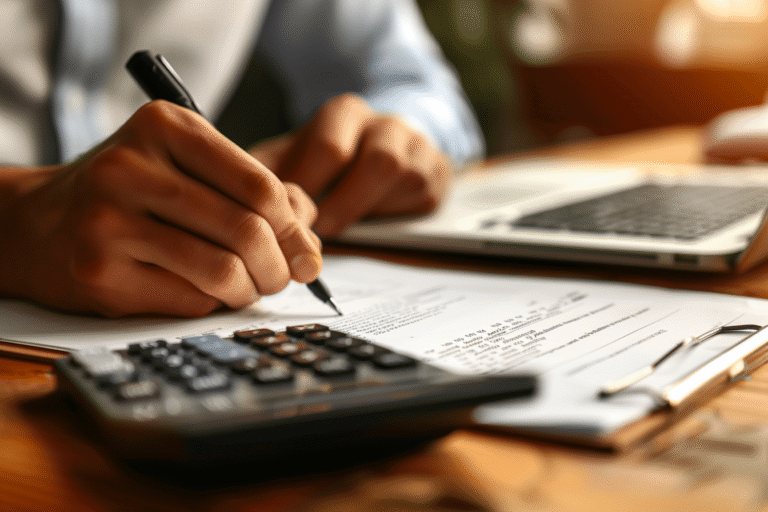 Personne écrivant des notes avec un stylo sur des documents administratifs.