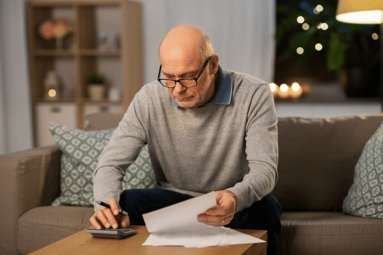 Homme âgé calculant des finances sur une table.