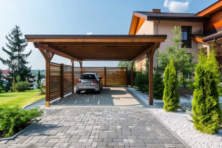 Abris de voiture en bois avec jardin paysager.