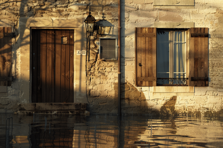 Maison en pierre partiellement submergée dans l'eau.