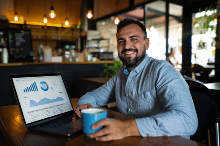 Homme souriant devant un ordinateur portable avec des graphiques.