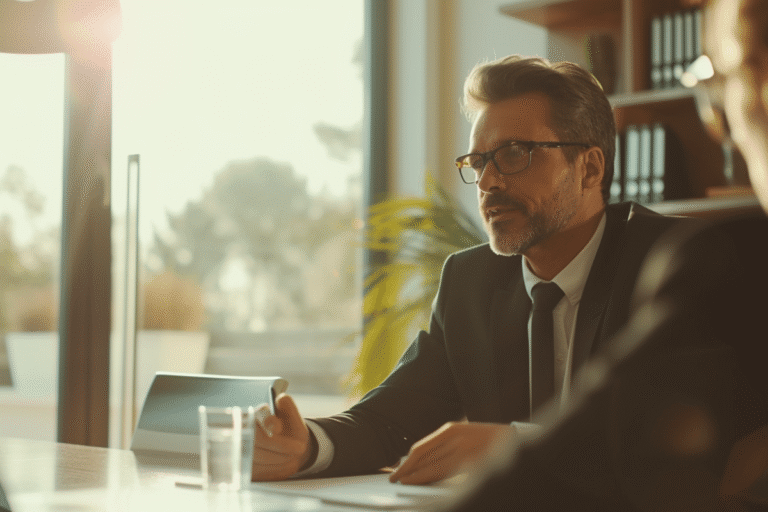 Homme en costume discutant dans un bureau lumineux.