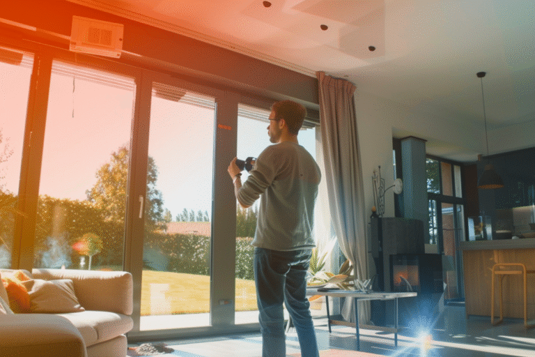 Homme photographiant à travers des baies vitrées.