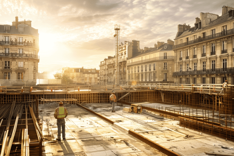 Chantier de construction avec ouvriers au coucher du soleil.