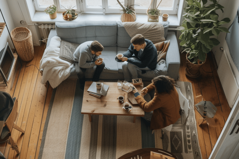 Trois personnes discutent autour d'une table basse dans un salon.