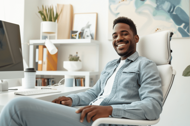 Homme souriant dans un bureau moderne et lumineux.