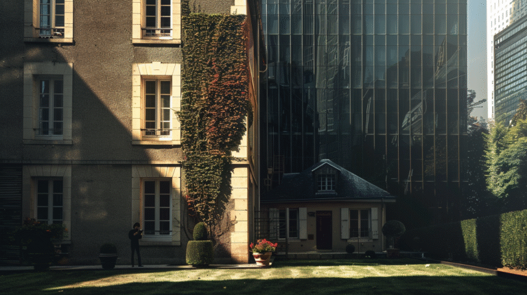 Maison traditionnelle au milieu de bâtiments modernes.