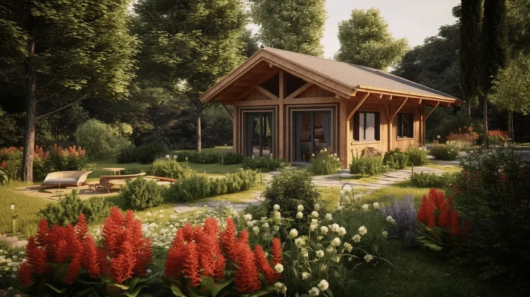 Maison en bois entourée de fleurs colorées et de verdure.
