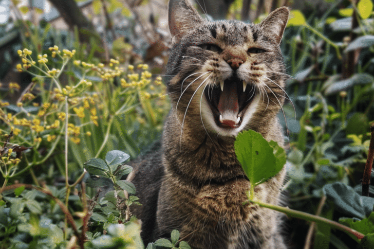 Chat en train de bâiller parmi des plantes vertes.