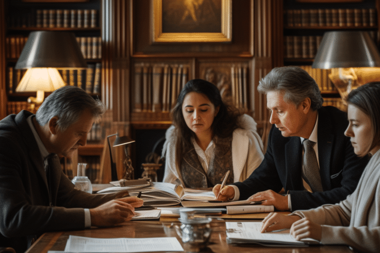 Quatre personnes discutent autour d'une table avec des documents.