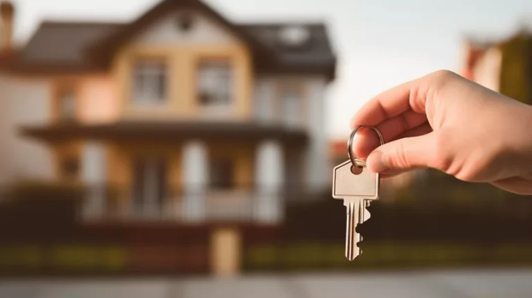 Clé tenue devant une maison en arrière-plan.