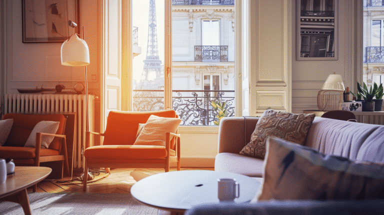 Salon lumineux avec fauteuils orange et vue sur la tour Eiffel.