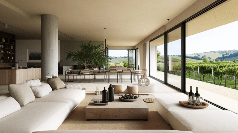 Salon moderne avec grandes baies vitrées et vue sur des vignes.