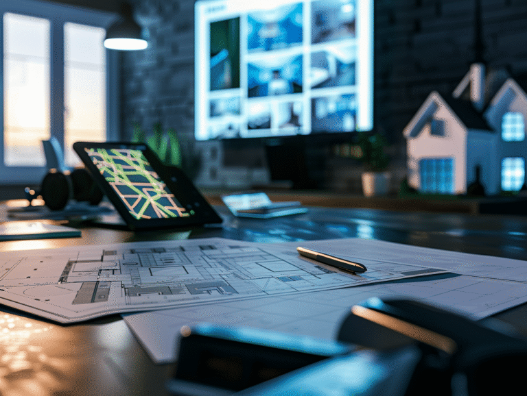 Plan architectural avec tablette et stylos sur un bureau.