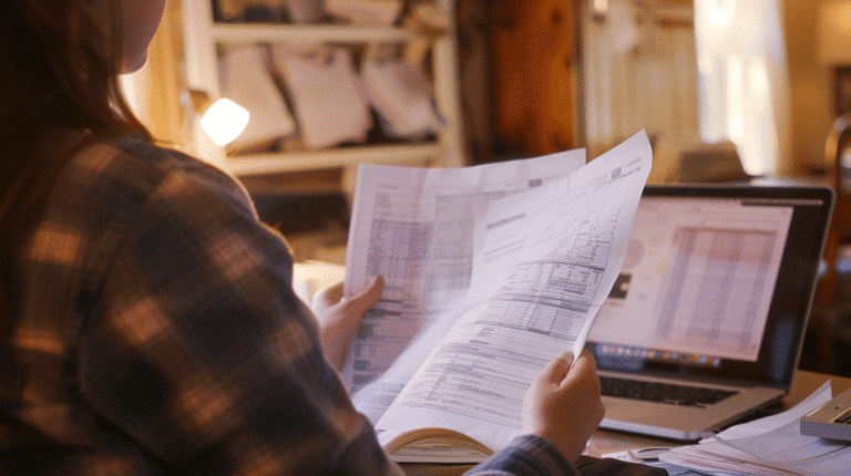 Personne examinant des documents à un bureau.
