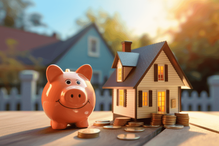 Tirelire en forme de cochon près d'une maison miniature et de pièces de monnaie.