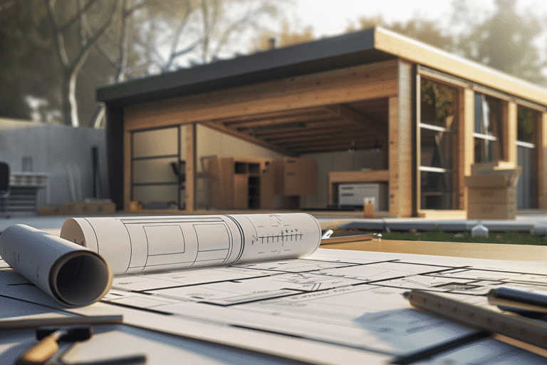 Plans de construction déroulés sur une table, maison en bois en arrière-plan.