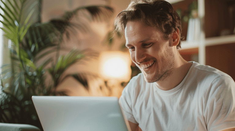 Homme souriant devant un ordinateur portable.