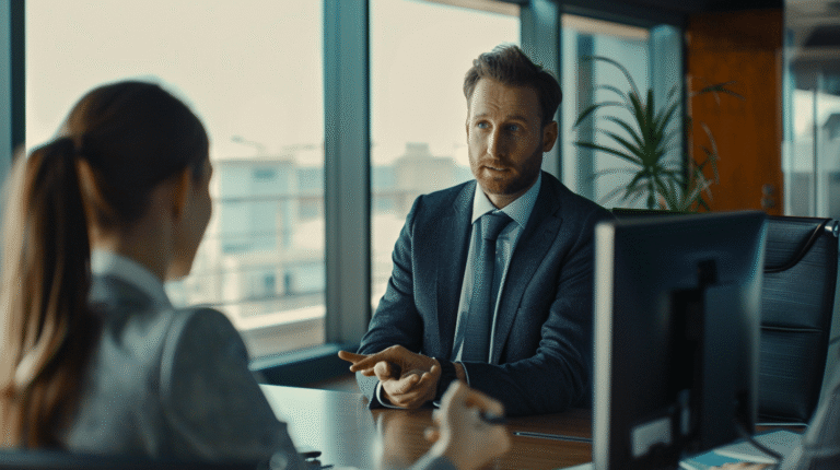 Discussion sérieuse entre deux professionnels au bureau.