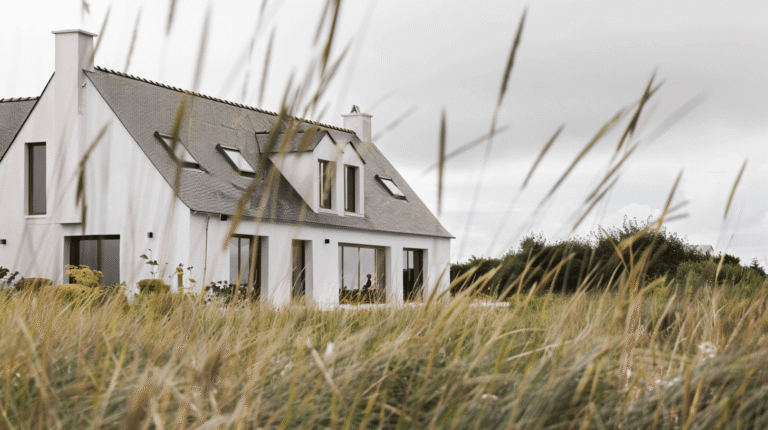 Maison blanche entourée d'herbes hautes et ciel nuageux.